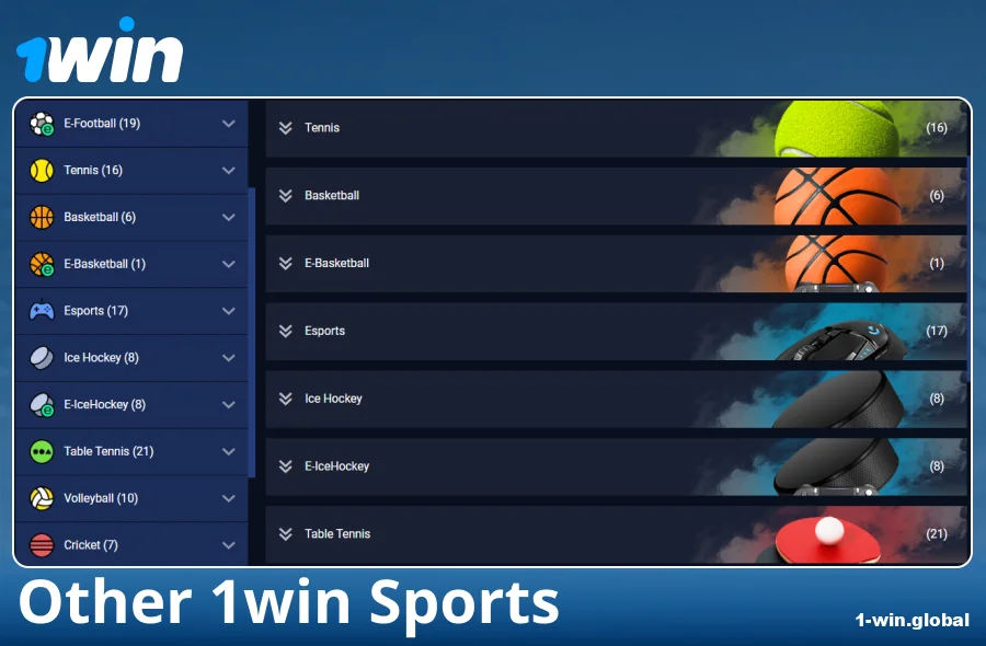Available sports types in the 1Win bookmaker