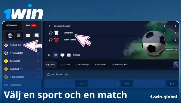 Välj ett sportevenemang i 1Win SE