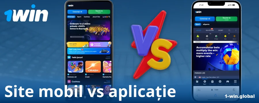 Comparație între aplicație și versiunea browser 1Win RO